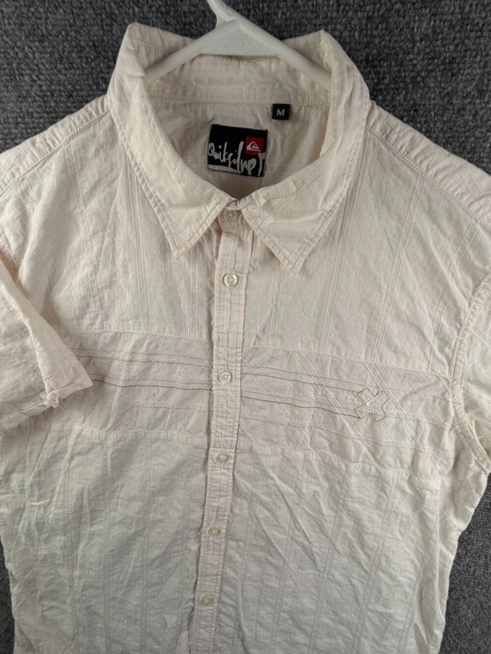 Quiksilver Men Short Sleeve Button Up Shirt Medium Off White Ivory Cotton Adult